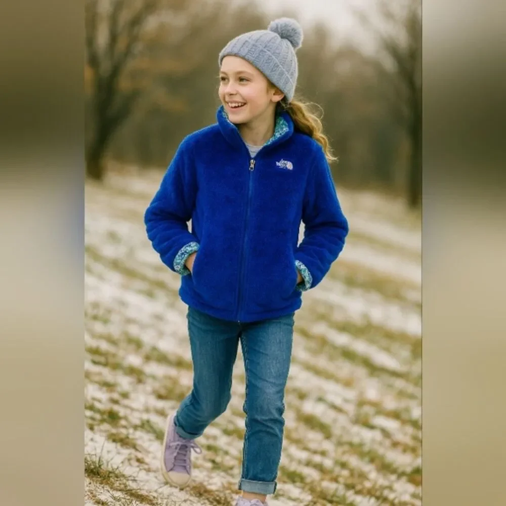 The North Face Reversible Quilted White Blue Floral Jacket Sherpa Girl Sz. XL 18